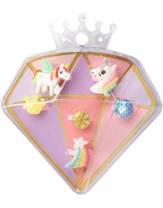 6 stk Assorterte Ringer i Display - Enhjørning og Regnbue