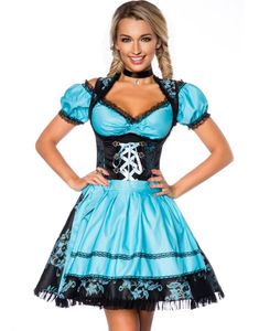 Svart Luksus Dirndl Oktoberfestkjole med Blomstermønster i Blått